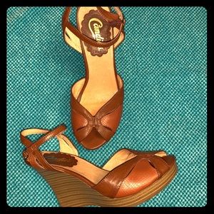 Candies Rust Leather Peep-Toe Wedge Sandals